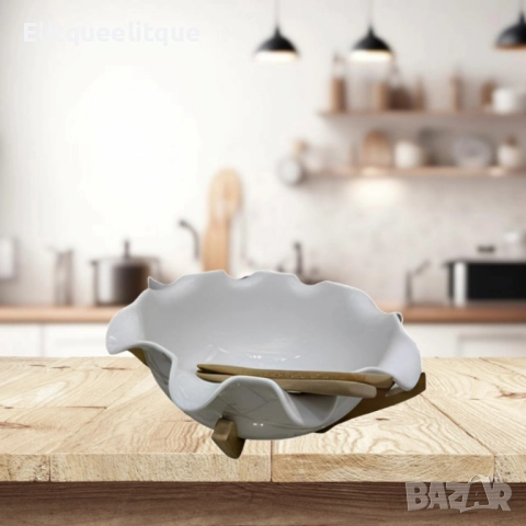 Керамична купа с дървена стойка и прибори за сервиране, снимка 4 - Декорация за дома - 52187177