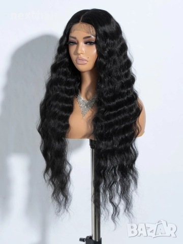 Лейс фронт перука – Черна на вълни, 75 см,  Синтетична, снимка 2 - Аксесоари за коса - 52459481