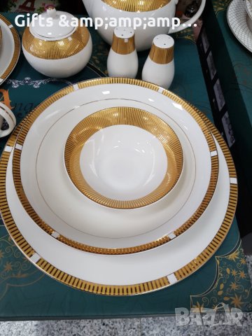 Красив порцеланов сервиз за хранене от 47 части в бяло със златен кант, за 6 човека, снимка 2 - Сервизи - 35564054