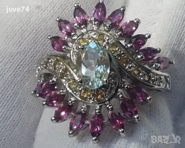 СРЕБЪРЕН ПРЪСТЕН С АКВАМАРИН,ЖЪЛТ САПФИР И РОДОЛИТ, снимка 1