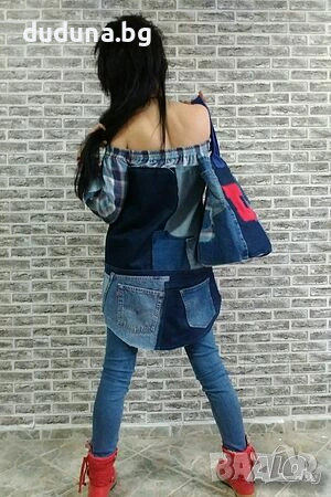 Дива къса рокля дънкова с каре и червени акценти, , снимка 2 - Рокли - 53141056