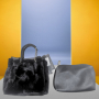 Плюшена дамска стилна чанта в комплект с несесер/органайзер за принадлежности