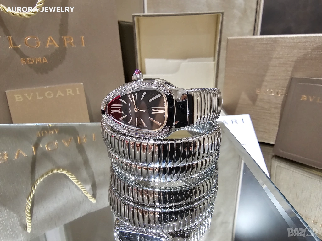 BVLGARI Serpenti Tubogas Snake Silver Black Diamonds Дамски Часовник, снимка 1