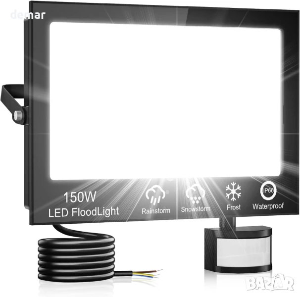 150W PIR LED прожектор за външен монтаж, 6500K, дистанционно, IP66, снимка 1