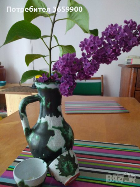 Стари калени каничка и 2 чаши,рисувани, снимка 1