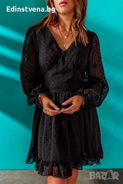 Елегантна дамска рокля в черно с дълъг ръкав и принт на точки, снимка 1