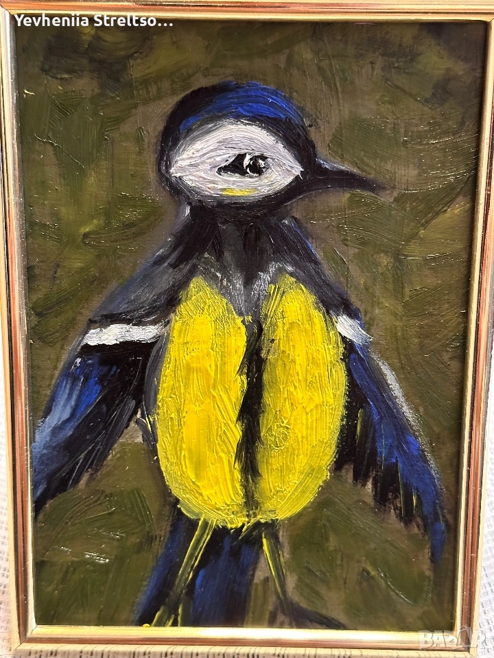 Оригинальная миниатюра маслом ПТИЦА СИНИЦА, снимка 1