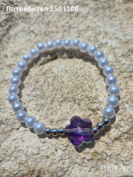 Перлена гривна с лилаво цвете, снимка 1