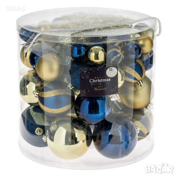 Комплект коледни топки сини и златисти 4–10 см 55 бр._1227507, снимка 1