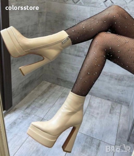 Боти на ток - бежова кожа - YSV1, снимка 1