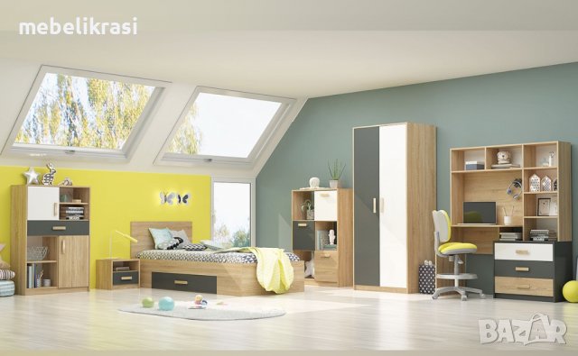 Модулно детско обзавеждане Сидни с матрак - 90/200 см., Дъб сонома / Антрацит / Бяло гланц, снимка 2 - Мебели за детската стая - 38397855