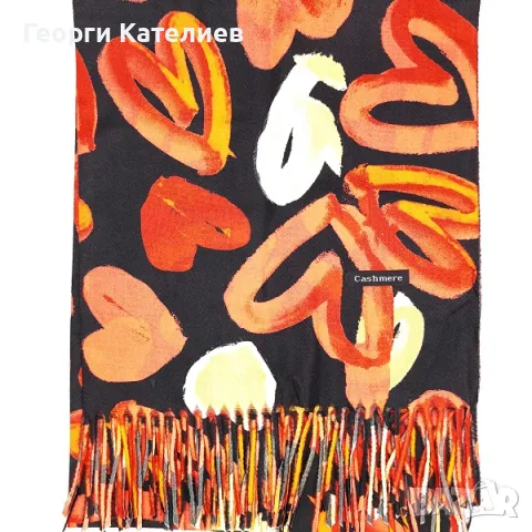 Дамски зимен комплект кашмирен шал със сърца и ръкавици-Сет в оранжево и черно Код на продукта:DAK-8, снимка 2 - Шалове - 48109719