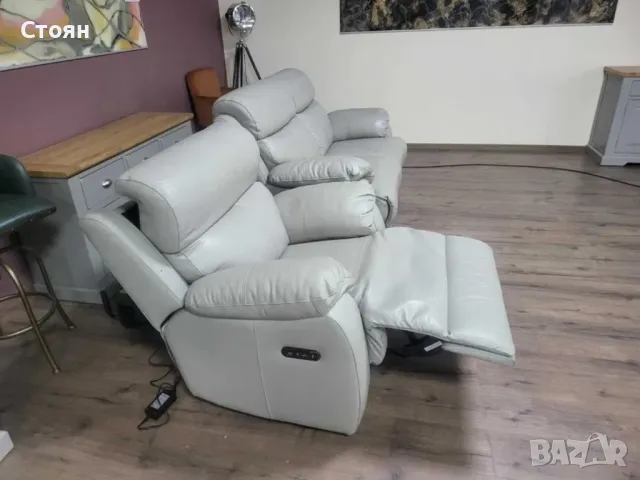 Сив кожен комплект двойка и фотьойл "Grayson", снимка 6 - Дивани и мека мебел - 47710448