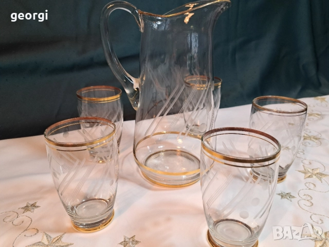българска луксозна стъклена кана с пет чаши за вино 28/2, снимка 9 - Сервизи - 51838198