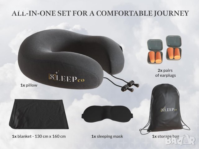 SleepCo - Възглавница за врат при пътуване + тапи за уши, маска за спане и одеяло, снимка 4 - Възглавници - 44391562