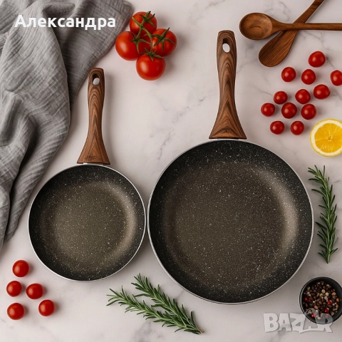 Комплект тигани 9Tnine-4419, 22/26см, Мраморно покритие, Кован алуминий, снимка 4 - Прибори за хранене, готвене и сервиране - 51502409