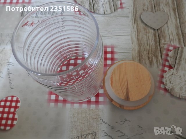 Стъклен буркан с дървено капаче за съхранение на подправки, захар, сол, кафе, сладки и други, снимка 5 - Други - 29186083