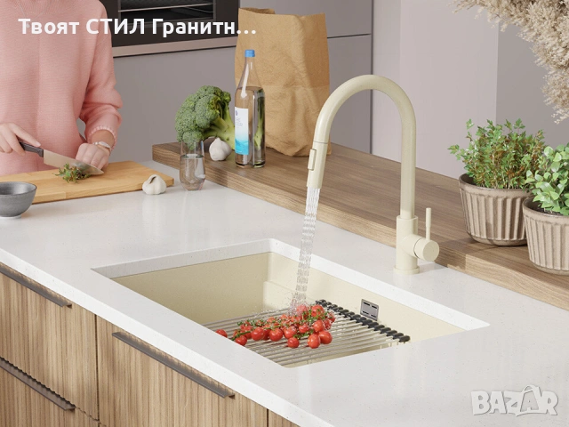 Бежова кухненска мивка за вграждане под плот Прага 80 Level 760 x 470 мм, снимка 5 - Мивки - 53994864