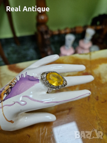 Прекрасен антикварен немски сребърен пръстен с цитрин , снимка 2 - Пръстени - 44527468