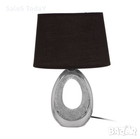 Настолна лампа, Сребърна, Керамична основа, Черна шапка, 33см, E14​, снимка 1 - Настолни лампи - 42508662