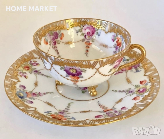 Dresden Germany  Circa 1884  Wolfsohn  Tea Cup & Saucer, Footed, Richly Gilded , снимка 2 - Антикварни и старинни предмети - 52692353