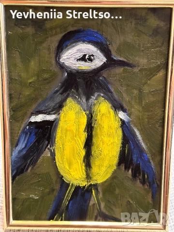 Оригинальная миниатюра маслом ПТИЦА СИНИЦА