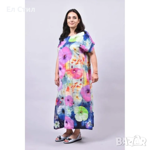 💕Рокля на цветя за едри жени с обло деколте и къс ръкав, снимка 3 - Рокли - 53943667