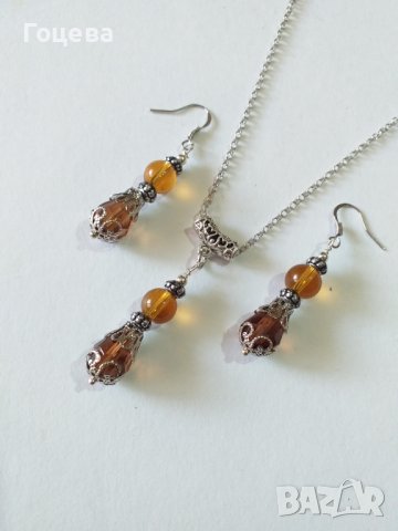 Красив комплект бижута с мъниста от Венецианско стъкло в кафяво и орнаменти в цвят Сребро  , снимка 5 - Бижутерийни комплекти - 37656472