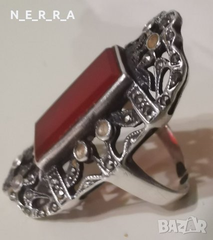 Старинен сребърен пръстен с естествен карнеол, снимка 1 - Пръстени - 39908216