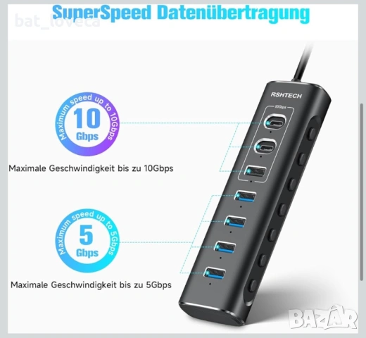 RSHTECH RSH-A107C Активен USB C 3.2 хъб със захранване, 3 x 10Gbps порта (2 Type-C, 1 Type-A), 4 x 5, снимка 4 - Кабели и адаптери - 53938064