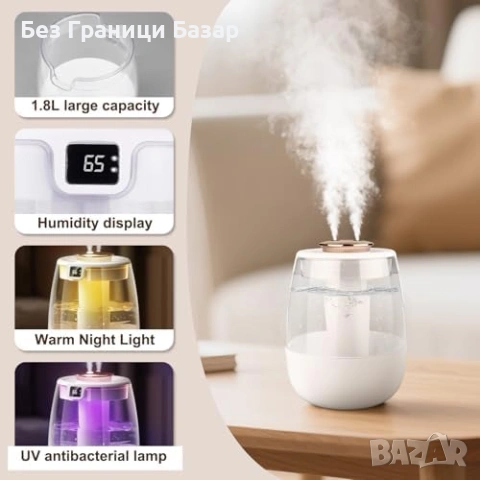 Нов USB овлажнител за въздух спалня 1.8L студена мъгла с 2 дюзи и нощна лампа, снимка 3 - Други стоки за дома - 54044718