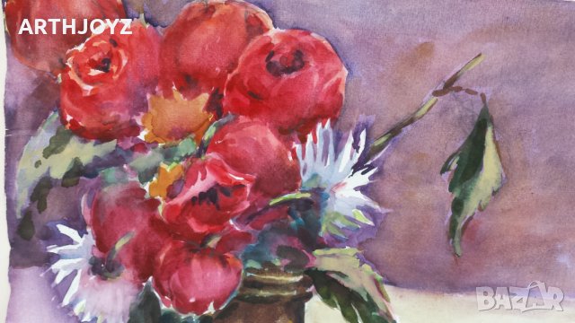 КАРТИНА ВАЗА С ЦВЕТЯ 84 г. (НАТЮРМОРТ АКВАРЕЛ) АННА КОМСИЕВА, снимка 2 - Картини - 31121876