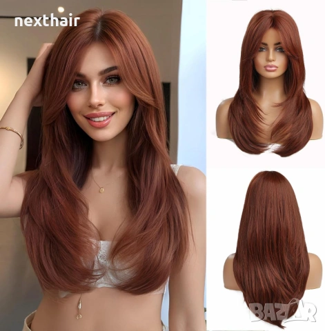 Кестенява перука на пластове с дълъг бретон - 60 см