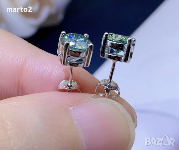 Сребърни Обеци S925 със синьо-зелени Мойсанити - по 1 карат на обеца, снимка 3 - Обеци - 37376472