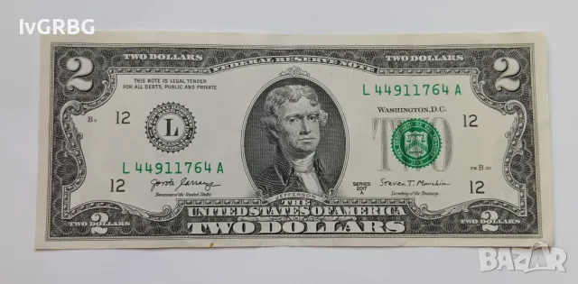 2 долара САЩ 2017 буква L 2 долара 2017 Американска банкнота 