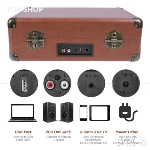 AETKFO Bluetooth 33/45/78 RPM винилов грамофон с вградени високоговорители, снимка 4 - Грамофони - 49050292