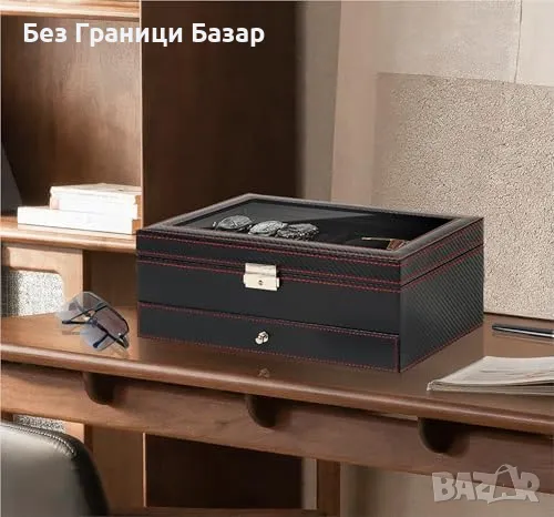 Нова Кутия за часовници и бижута – 6 слота, ключалка, стъклен капак, снимка 2 - Други стоки за дома - 49867570