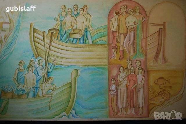 Стара картина,лодка,риби, хора, бълг. автор, 1970-те год., снимка 4 - Картини - 31367770