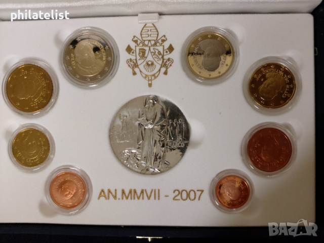 Ватикана PROOF 2007 г. - комплектен сет от 1 цент до 2 евро + сребърен възпоменателен медал, снимка 4 - Нумизматика и бонистика - 44737326