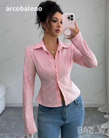 Дамска раирана риза с дълъг ръкав и копчета, 9цвята , снимка 6 - Ризи - 51502214