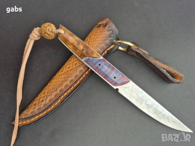 Компактен ловен нож,фултанг дамаска стомана с кожена кания, LN426, снимка 2 - Ножове - 52327576