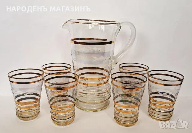 Български сервиз за вино, вода и сокове Кана + 6 чаши сервиз злато 