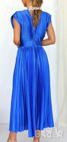 Елегантна сатенена плисирана рокля в кралско синьо, снимка 3 - Рокли - 53978291