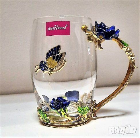  Огнеупорна, Бутикова Чаша с цветя и пеперуда, снимка 3 - Чаши - 35575230