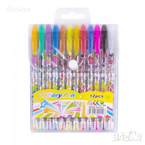 1567 Цветни гел химикали с брокат, 12 броя в комплект, снимка 3 - Ученически пособия, канцеларски материали - 29608841