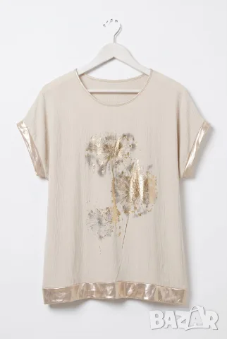 Блуза “Beige Golden Dandelion” – бежова блуза с златен принт арт.5095, снимка 5 - Блузи с дълъг ръкав и пуловери - 55821198