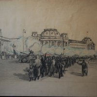 Стара картина, София, военни, танк, парад, 1950-те, снимка 2 - Картини - 31367556