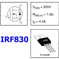 ТРАНЗИСТОР IRF830 MOS-N 500V 4,5A,1R5, 73W в TO-220, снимка 2 - Друга електроника - 31714370
