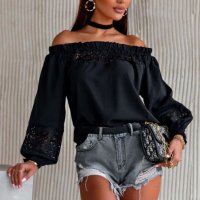 Дамска блуза в черно с бродерия и голи рамене, снимка 1 - Блузи с дълъг ръкав и пуловери - 39481575