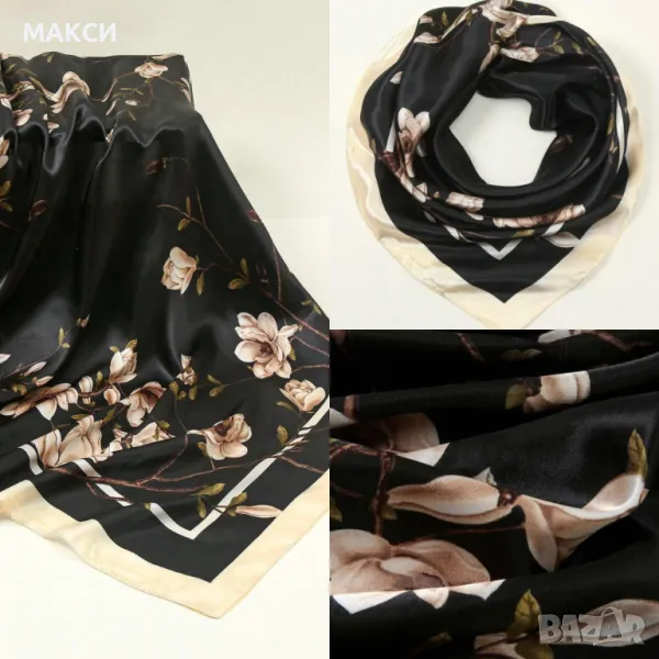 Елегантен квадратен сатенен шал в черно с магнолии, снимка 1